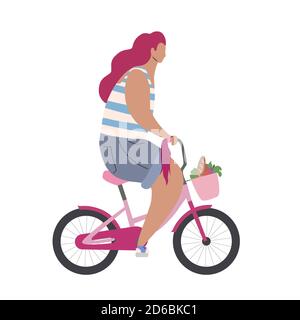 Active modern hipster girl on a pink bike with shopping. Modern flat illustration side view. Summer sports lifestyle. Stylized woman cyclist. Stock Vector