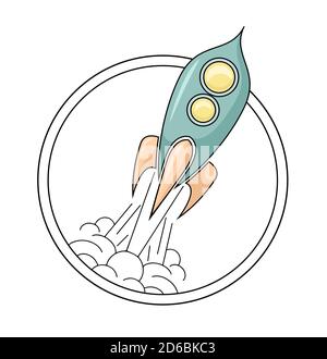 Contour illustration of a retro space rocket taking off with smoke in circle. Start up project with a starship in badge. Round linear drawing on a whi Stock Vector