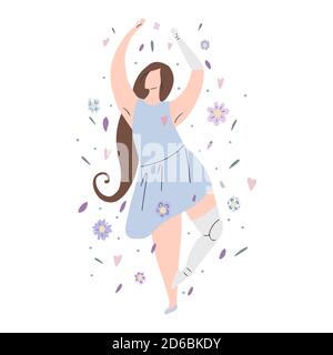 Beautiful girl dancing in flowers with prosthetic arm and leg. Modern flat illustration of a strong self sufficient woman for postcards, articles and Stock Vector