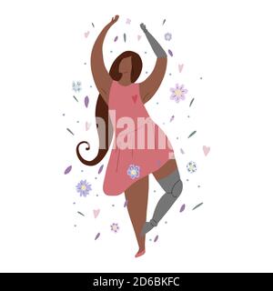 Beautiful african girl dancing in flowers with prosthetic arm and leg. Modern flat illustration of a strong self sufficient woman for postcards, artic Stock Vector