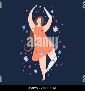 Beautiful girl dancing in flowers with prosthetic arm and leg on dark background. Modern flat illustration of a strong self sufficient woman for postc Stock Vector