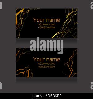 Set of marble business cards with golden cracks on a black background. Stylish templates for invitations, cards and your design. Luxury flyers with sp Stock Vector