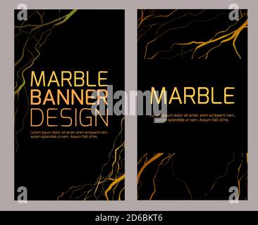Set of vertical marble banners with golden cracks on a black background. Stylish stone templates for invitations, cards and your design. Luxury flyers Stock Vector