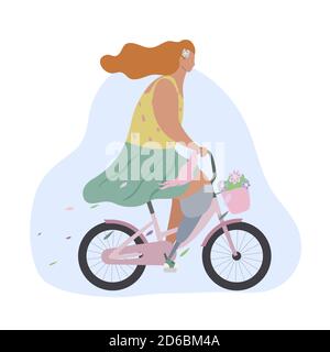 Active modern romantic girl with leg prosthesis on pink bike with flowers in basket. Modern flat illustration side view. Summer sports lifestyle for a Stock Vector