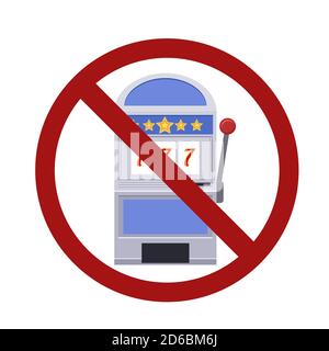 Flat illustrations of Slot machines in prohibition sign. Ban gambling. Ludomania disease. Vector element for your creativity Stock Vector