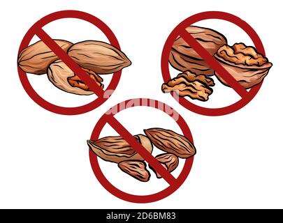 Set of cartoon nuts in the prohibition sign. Free from nuts. Ban on allergens. Allergy Alert. Object is separate from the background. Vector element f Stock Vector