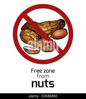 Cartoon peanut in the prohibition sign. Free zone from nuts. Ban on allergens. Allergy Alert. Badges with forbiddance. Vector element for recipes, men Stock Vector