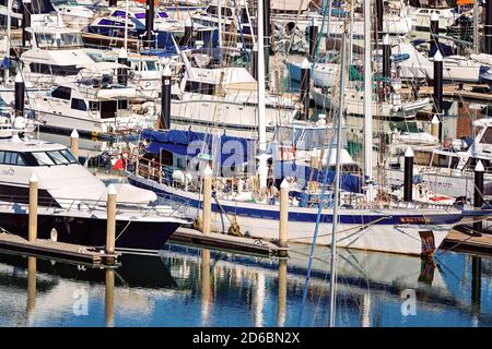 Townsville, Queensland, Australia - June 2020: Leisure boats berthed closely at a marina Stock Photo