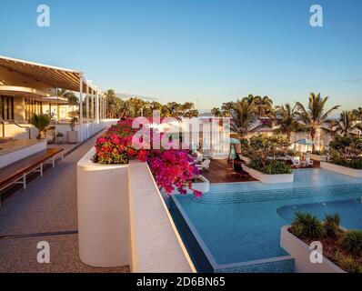 Townsville, Queensland, Australia - June 2020: A tropical resort hotel with luxury accommodation and pool Stock Photo