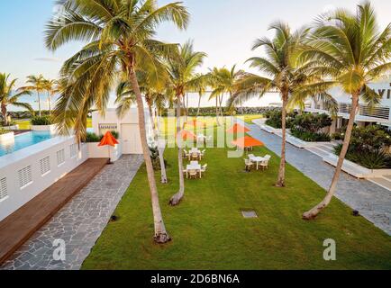 Townsville, Queensland, Australia - June 2020: The tropical grounds of a luxury resort hotel by the sea Stock Photo