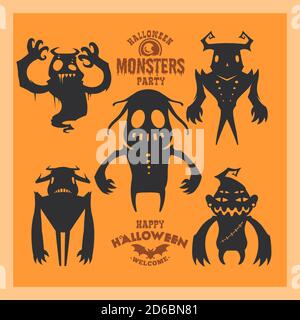 Set of mystical creatures for Halloween. A collection of black silhouettes on an orange background. Vector illustration of monsters Stock Vector