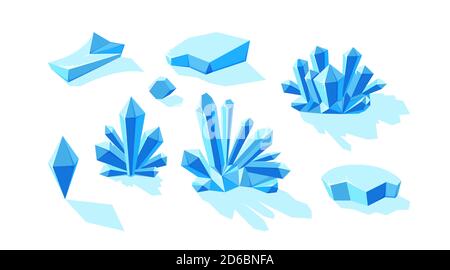 Ice crystals and icebergs isolated in white background. Set of druses and separate crystals made of blue mineral. Vector illustration in cartoon style Stock Vector