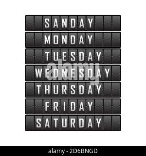 set of names of days of the week on the cells of the mechanical tableau. Vector illustration. Stock Vector