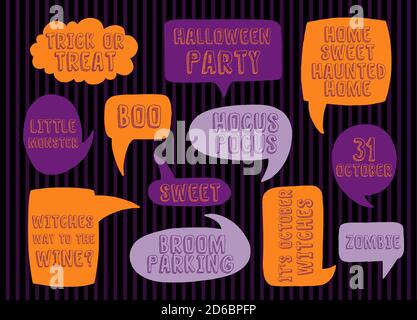 Speech text lable halloween holiday set. Collection design name designation. Stock Vector