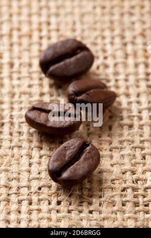 Coffee beans on a rough sacking Stock Photo