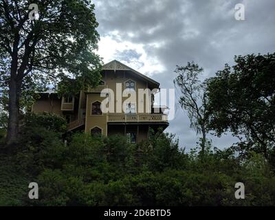 Sweden, Stockholm - May 26 2019: back view of summer cafe Villa Lyran on May 26 2019 in Stockholm, Sweden. Stock Photo