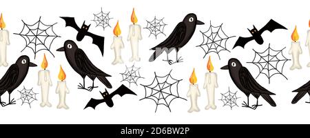 Raven Crow seamless border. Hand drawn Halloween art black crow ...