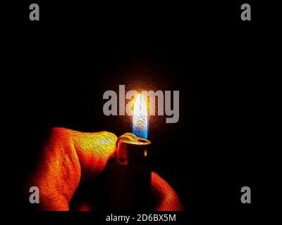 Burning lighter in the hand of a man on a black background. Stock Photo
