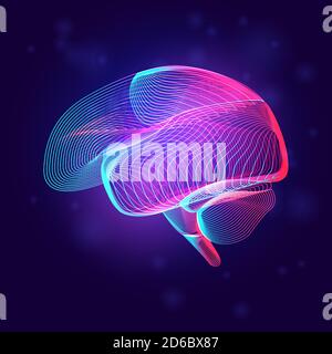 Human brain medical structure. Outline vector illustration of body part organ anatomy in 3d line art style on neon abstract background Stock Vector
