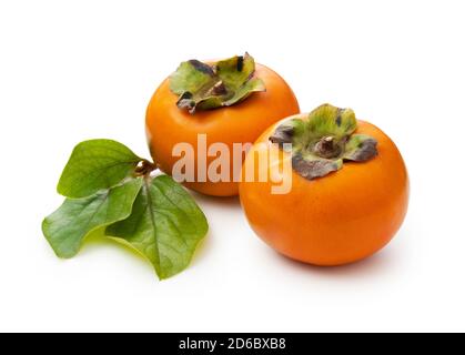Two Japanese Persimmons on a White Background Stock Photo