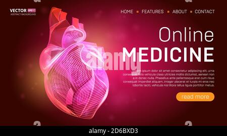 Online medicine landing page template or medical hero banner design concept. Human heart outline organ vector illustration in 3d line art style on abs Stock Vector