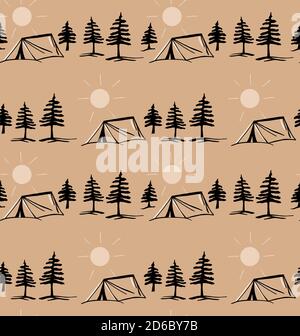 Vector camping. Seamless background with tents, fir trees, the setting sun. Stock Vector
