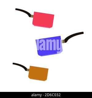 Set of stewpots. Red, yellow, brown colors. With black handle. Vector illustration Stock Vector