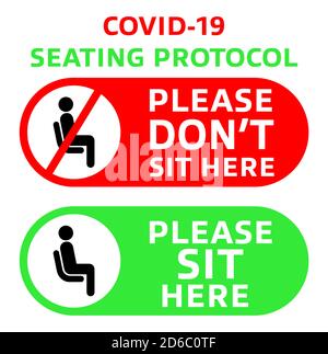 Printable : COVID-19 Seating protocol for restaurants, shopping centers, and public places. Encouraging people to practice social distancing with pict Stock Vector