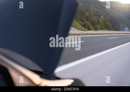 Car emergency or breakdown on highway road, waiting for help, car stopped during highway driving. Stock Photo