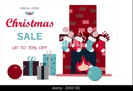 Big Christmas sale of toys for children. Black Friday discounts for a website, store, or app with children s products. Bright holiday banner with a train, fireplace, sweets, toys, Christmas balloons and bright gifts. Banner for an ad, flyer, or booklet. Online store with home delivery. Stock Vector