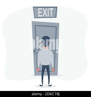 Businessman standing in office room and looking on door with exit sign. Business and challenge concept. Stock Vector