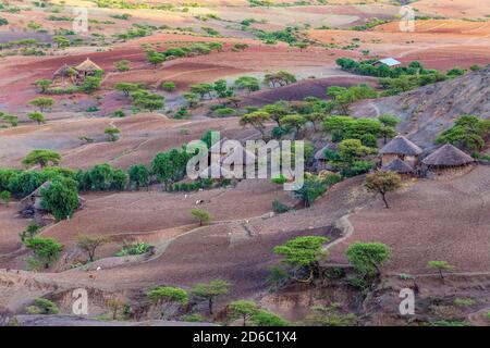 Beautiful highland landscape with traditional ethiopian houses Amhara region near city Lalibela. Ethiopia, Africa. Stock Photo