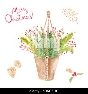 A Festive set of merry Christmas elements. Hanging pot macrame composition of cedar branches, cones and berries. Watercolor illustration Stock Photo