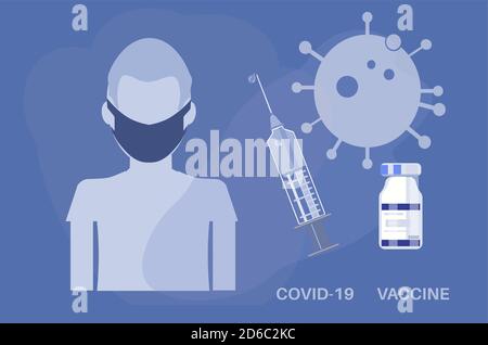 Covid vaccine concept vector with syringe and vaccine bottle on a blue background Stock Vector