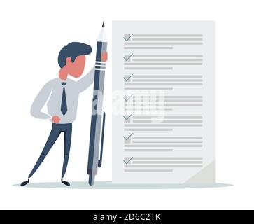 Happy businessman holding a pen. Man standing at completed checklist on clipboard. Flat design illustration. Stock Vector