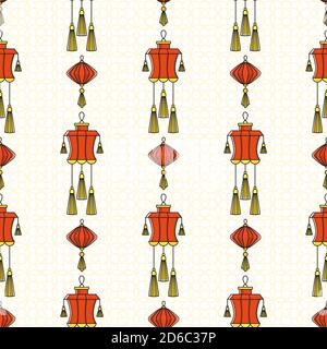 Chinese red paper lanterns seamless pattern. Flat vector illustration. Stock Vector
