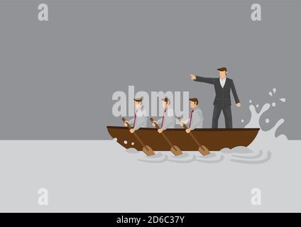 Businessman points forward and gives direction to employee rowing the boat with paddles. Vector cartoon illustration on metaphor for business directio Stock Vector