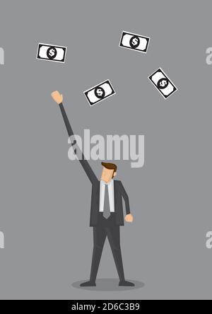 Cartoon businessman with stretch out arm to reach high for dollar notes flying in the air. Creative vector illustration for business and money concept Stock Vector