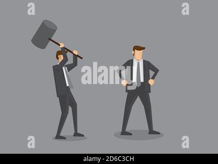 Cartoon businessman holding a huge mallet ready to hammer another unaware guy. Creative vector cartoon characters for office politics concept, isolate Stock Vector