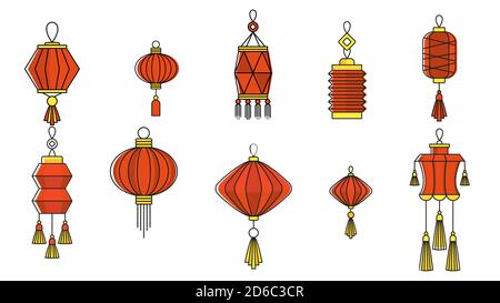 Chinese paper lanterns set. Flat vector color icons. Stock Vector