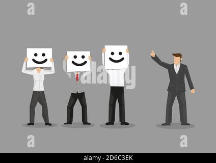 Employees hide behind smiling face mask when boss is around. Vector illustration for on putting a false front at work concept isolated on grey backgro Stock Vector
