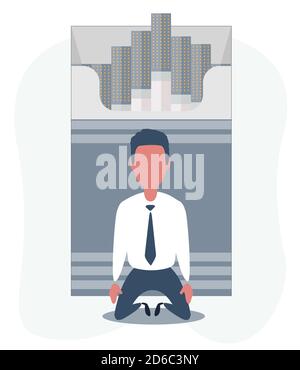 Sick man on the knees beside the Open cigarettes pack box . flat style illustration isolated on a background, smoke problem concept, narcotic, product Stock Vector