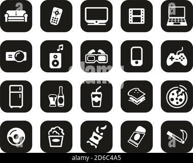 Couch Potato Icons White On Black Flat Design Set Big Stock Vector