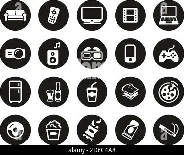Couch Potato Icons White On Black Flat Design Circle Set Big Stock Vector