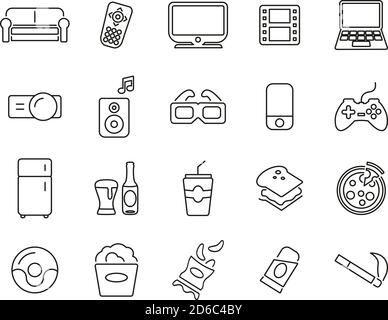 Couch Potato Icons Thin Line Black & White Set Big Stock Vector