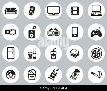 Couch Potato Icons Black & White Flat Design Circle Set Big Stock Vector
