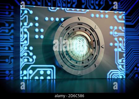 Cyber security concept. Fingerprint and safe as an idea to counteract hacking computers and smartphones or tablets as well as an idea for a network fi Stock Photo