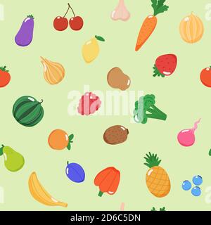 Fruits and vegetables seamless pattern, vector illustration in flat style Stock Vector