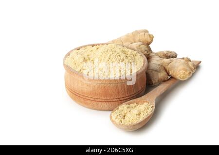 Bowl with ginger powder isolated on white background Stock Photo
