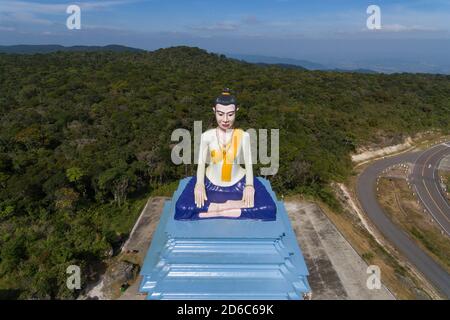 Buddha statue in Bokor hillstation in Kampot Cambodia , Bokor national park cambodia Aerial drone Photo Asia Stock Photo